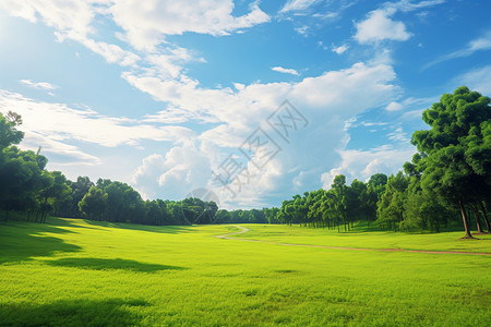 森林草坪郁郁葱葱的森林公园景观背景