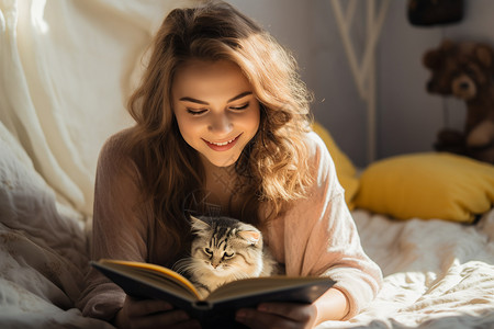 卧室看书的猫咪和女人图片