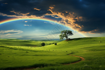 彩虹跨越绿野美丽的乡野风景图片