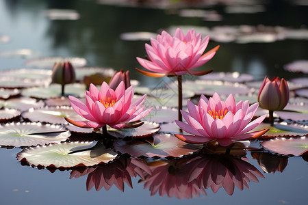 夏季花园池塘中盛开的美丽莲花图片
