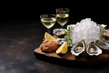 餐桌上的生鲜生蚝和香槟图片