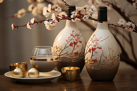 中式雕花圆形花纹美观的酒坛和杯子背景