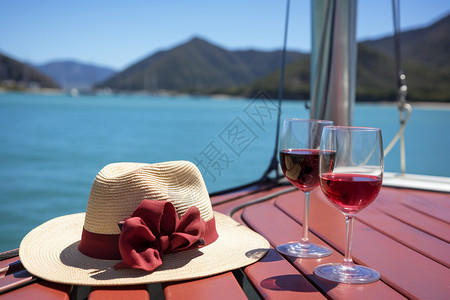 船只上的红酒和帽子图片