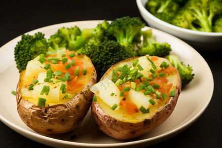 烤西兰花新鲜的土豆背景