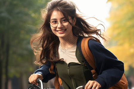 骑着自行车的女大学生图片