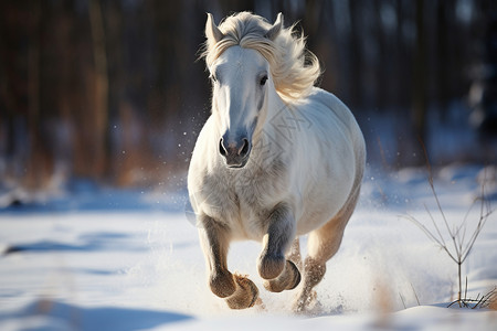 雪地中狂奔的白马高清图片