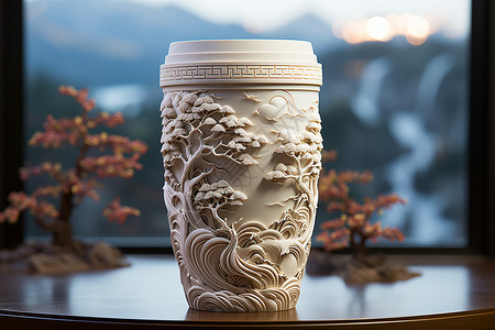 立体圆桌素材立体山林装饰的纸杯背景