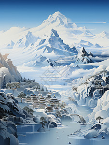 藏区风景梦幻的高原藏区雪山景观插画