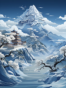 川西藏区大雪后的藏区雪山景观插画