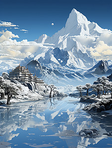 川西藏区美丽的雪山藏区风景插画