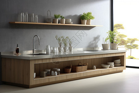 宽敞明亮的厨房家具装潢背景图片