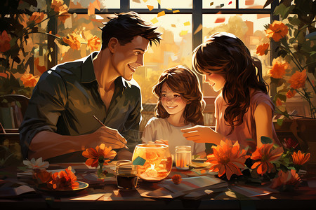 幸福的一家人插图背景图片