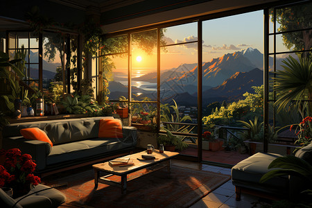 黄昏山景温馨的客厅装潢插画