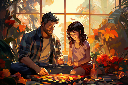 下棋的女孩陪伴女儿下棋的父亲插画