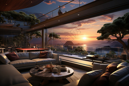 夕阳下豪华的阳台概念图图片