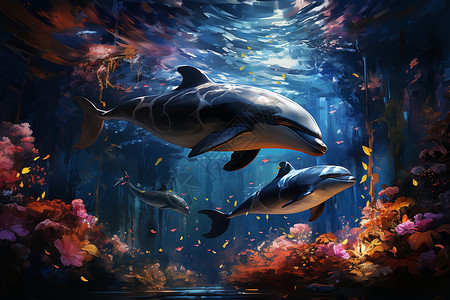 海洋日创意奇妙的海中海豚插图插画