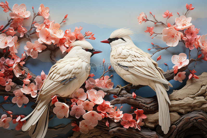 3D剪纸风的鸟类花卉插图图片