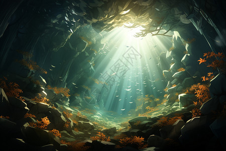 植物隧道海底岩洞中的光束插画