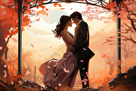 秋季落叶中浪漫的情侣背景图片