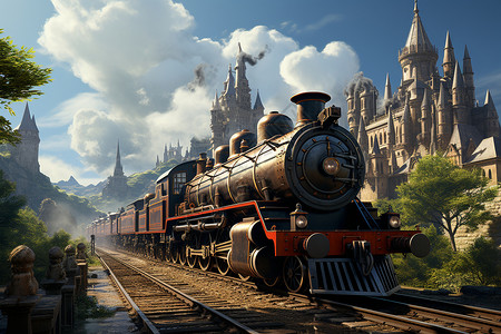 中世纪城堡前行驶的火车背景图片