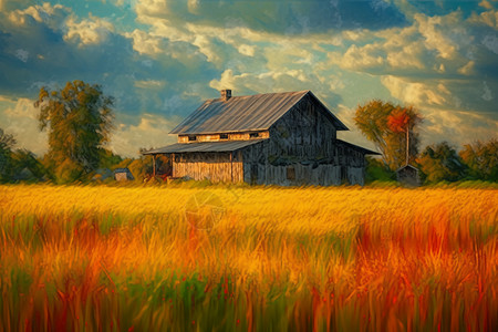 绘画的农田和木屋图片