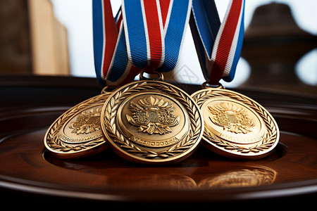 木桌上面的荣誉奖牌背景图片