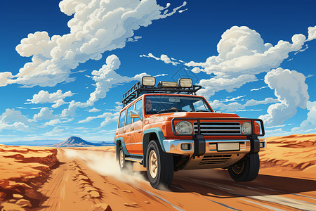 橙色吉普车汽车沙漠飞驰的汽车插画