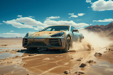 飞驰的汽车行驶在泥地里的汽车插画