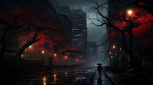 孤独行人雨天街道上的行人插画