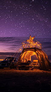 汽车星空星空下的汽车和帐篷插画