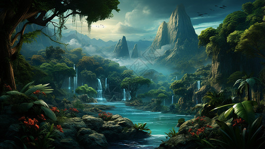 山林中的湖泊插画背景图片