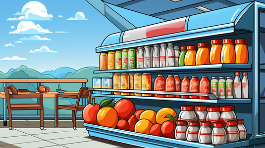 酸奶货架城市的超市货架插画