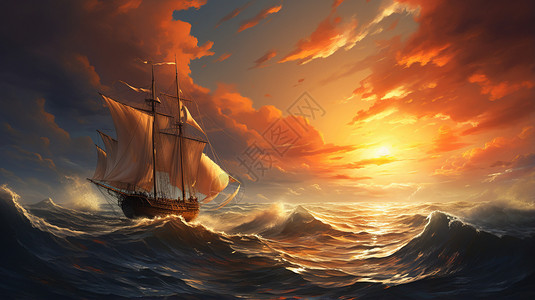 海浪中行驶的帆船图片