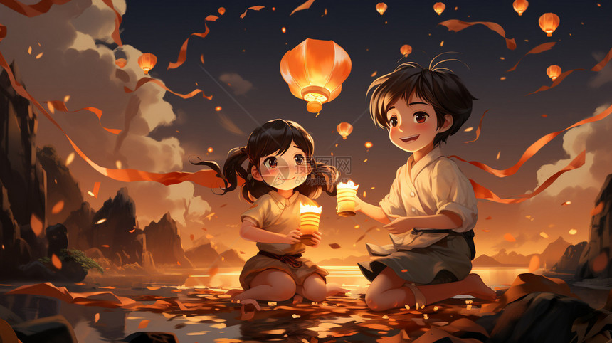中秋节拿着蜡烛的孩子图片