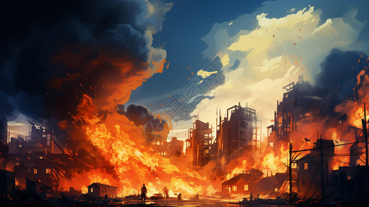 房屋废墟燃烧着火的城市插画