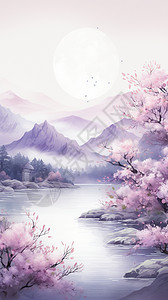 绘画的山水和樱花图片