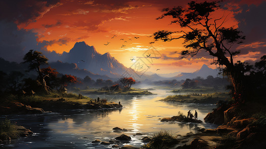 日落时的山水画图片