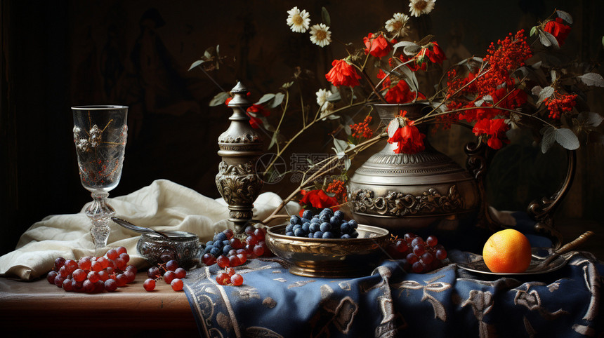 桌面上新鲜的水果和花束图片