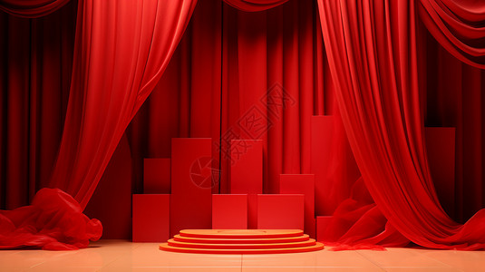 红色窗帘展台装饰图片