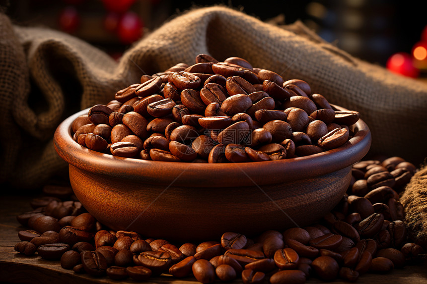 木碗中的咖啡豆图片