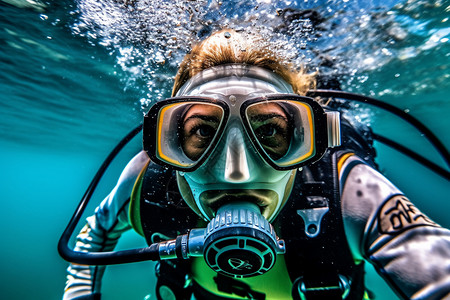 游泳氧气罩带着氧气设备的潜水者背景