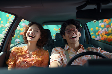 旅行笑容情侣在车上旅行背景
