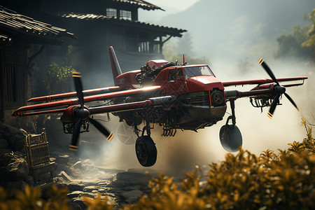 村庄中飞行的无人机背景图片