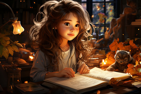 正在看书学习的小女孩背景图片