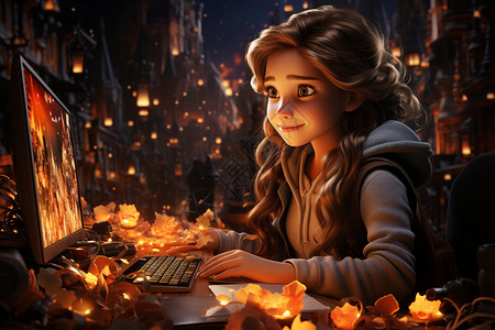 电脑前的小女孩背景图片