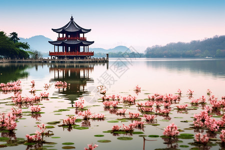 粉色水波素材杭州宝塔美景背景