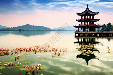 湖泊宝塔背景图片