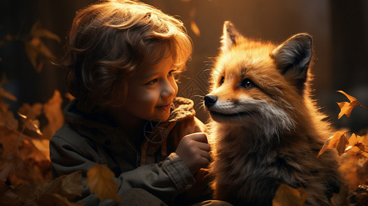 开朗户外开心的小男孩和小狐狸插画