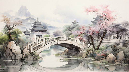 绘画的石桥和建筑图片