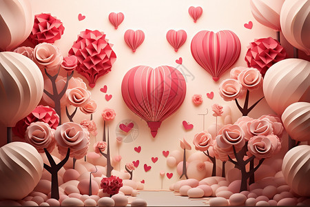 心形灯笼素材设计的浪漫热气球元素插画
